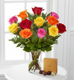1 Dozen Long Stem Mixed Roses with Godiva - VASE INCLUDED