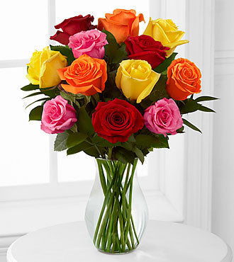 Simply Cheerful Mixed Rose Bouquet - 12 Stems of 16-inch Roses with Vase