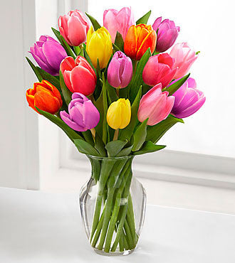 Rush of Color Assorted Tulip Bouquet with FREE Vase - 15 Stems