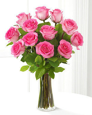 Pink Rose Bouquet with Vase - 12 Stems