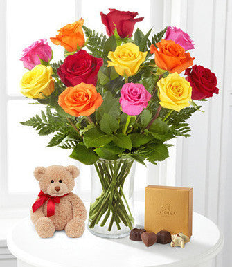 Mixed Roses with Bear & Godiva - VASE INCLUDED