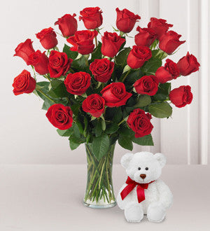 2 Dozen Long Stem Red Roses and Hugs with Vase