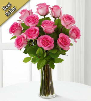 Pink Rose Bouquet with Vase - 12 Stems