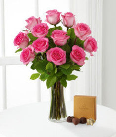 Pink Rose Bouquet with Godiva Chocolate and Vase