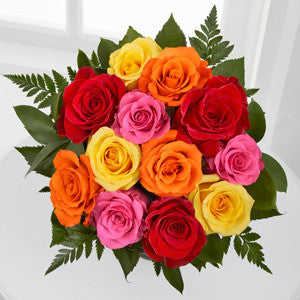 Simply Cheerful Mixed Rose Bouquet - 12 Stems of 16-inch Roses, no vase