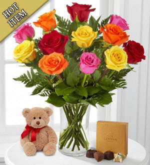 Mixed Roses with Bear & Godiva - VASE INCLUDED