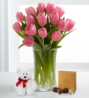 Pink Prelude Tulip Bouquet with Bear and Chocolates