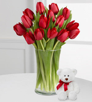 Red Carpet Ready Tulip Bouquet with Bear - 15 Stems