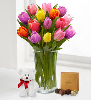 Rush of Color Assorted Tulip Bouquet with Bear and Chocolates