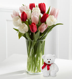 Here in My Heart Tulip Bouquet with Bear - 15 Stems